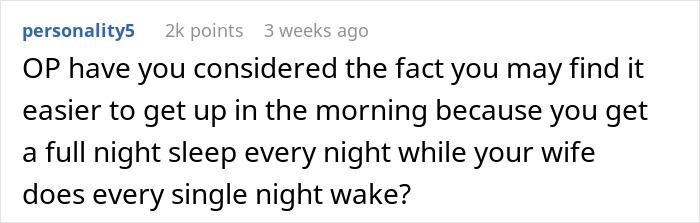 Comment on wife's morning wake refusal, highlighting sleep imbalance.