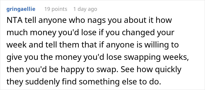 Reddit comment advising a coworker about not swapping non-refundable vacation dates. Reddit comment advising a coworker about not swapping non-refundable vacation dates.