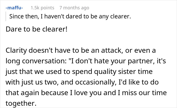 Text exchange discussing lack of sister alone time due to boyfriend's presence.