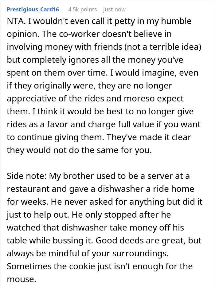 Discussion on coworker giving free rides and ending it over a dollar dispute.
