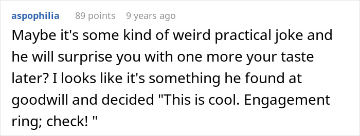 Reddit comment discussing a man picking an engagement ring, referencing a practical joke and a goodwill find.