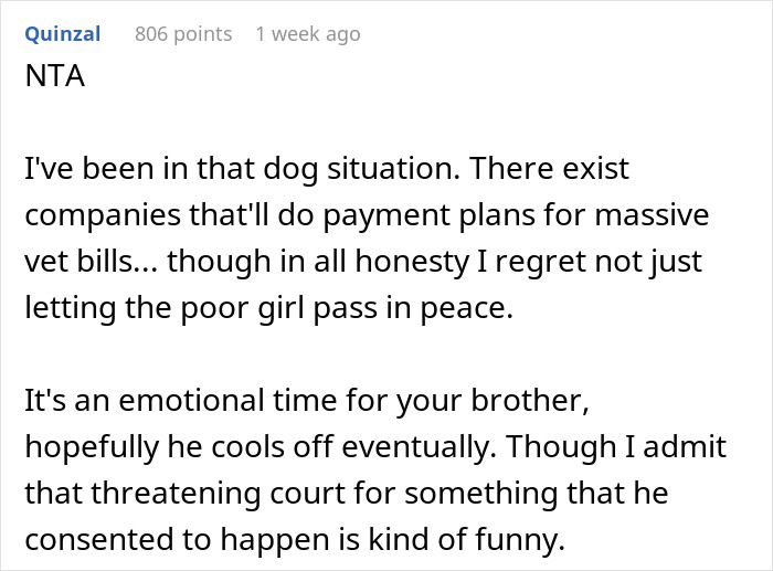 Screenshot of a forum comment discussing a dog bill and vacation reimbursement related to a brother's situation.