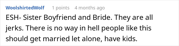 A Reddit comment critical of a woman, fianc&eacute;, and sister, questioning their marriage suitability.