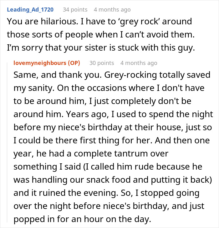 Reddit comments about dealing with a brother-in-law's views on immigrants through grey-rocking.