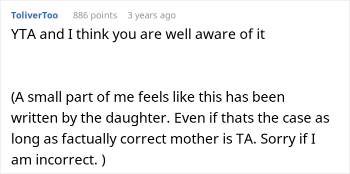 Reddit comment discussing a situation where a woman blames her daughter for ruining an unplanned dinner. Reddit comment discussing a situation where a woman blames her daughter for ruining an unplanned dinner.