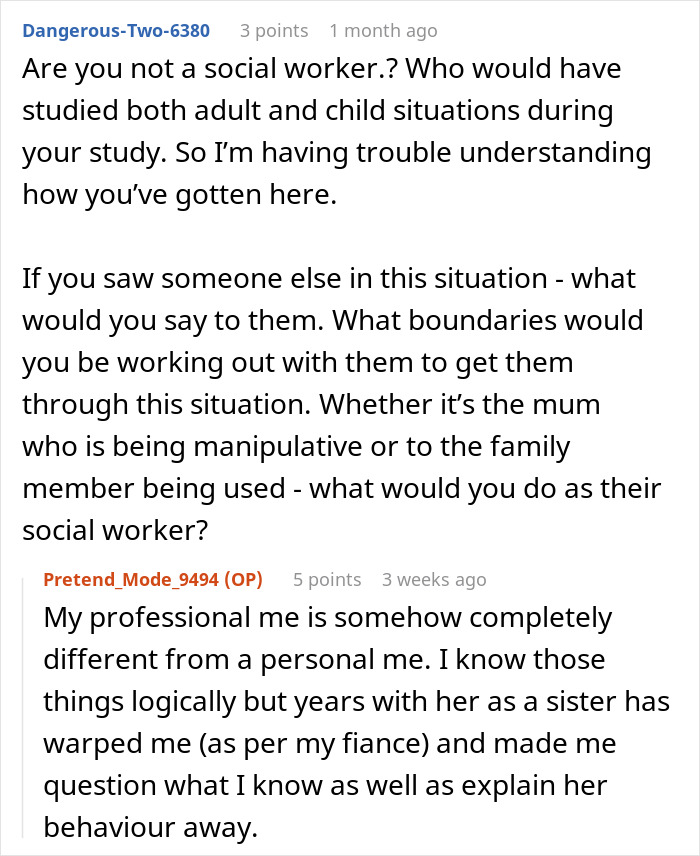 Reddit comments discussing boundaries over unpaid babysitting, with a user questioning social worker skills.