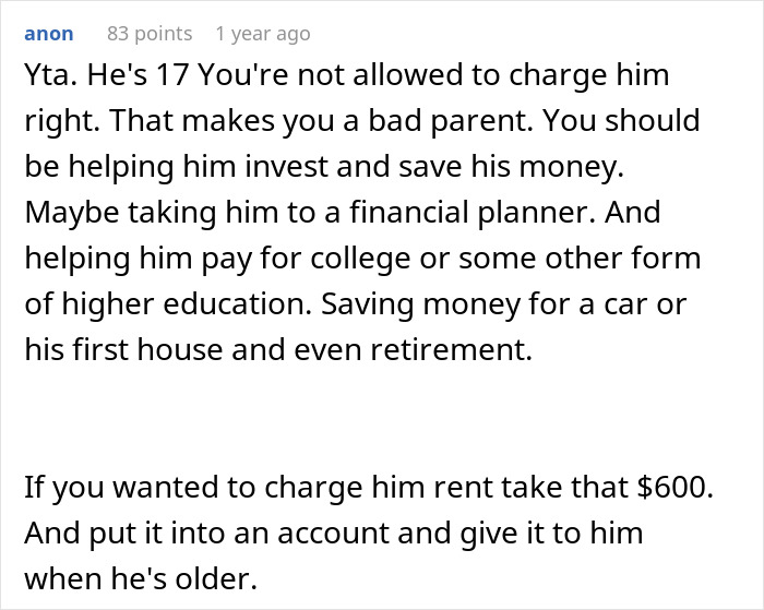 Reddit comment discussing a mother charging her 17-year-old son $600 rent.