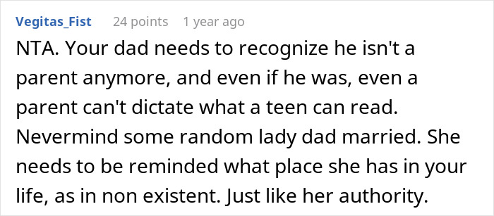 Stepmom Tries To Censor What 16YO Reads, He Decides Not To Visit His Dad Anymore