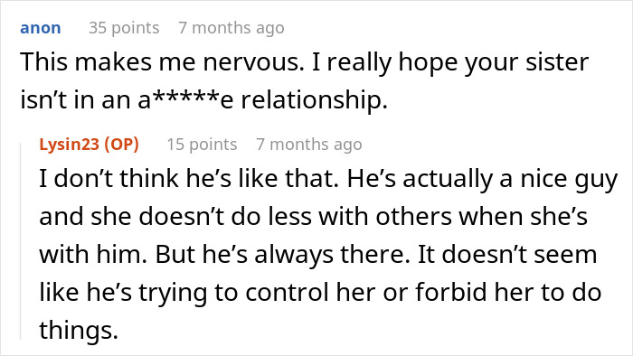 Two Reddit comments discussing concerns about a woman's lack of alone time due to her boyfriend.