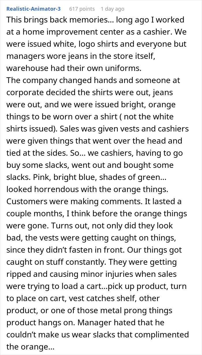 Text story about a manager regretting forcing bank staff to wear business attire on casual Fridays, causing issues.