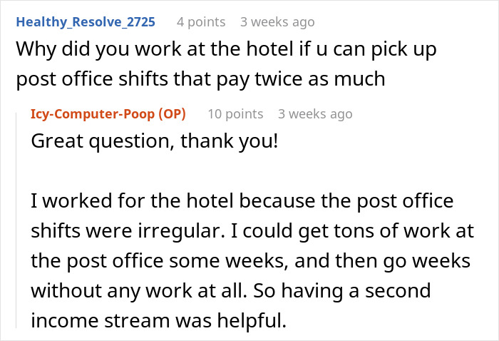 Reddit discussion about working dual jobs due to irregular post office shifts.