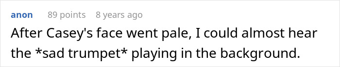 Text comment about Casey's reaction, mentioning "sad trumpet" in context of an infertility revelation.