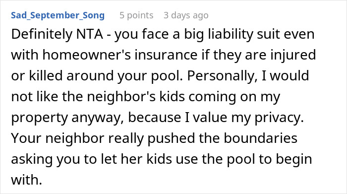 Text comment discussing pool liability and neighbor's boundary issues.
