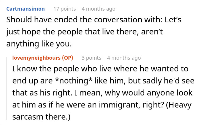 Online conversation about immigrants, featuring sarcastic remarks and a witty exchange on a forum.