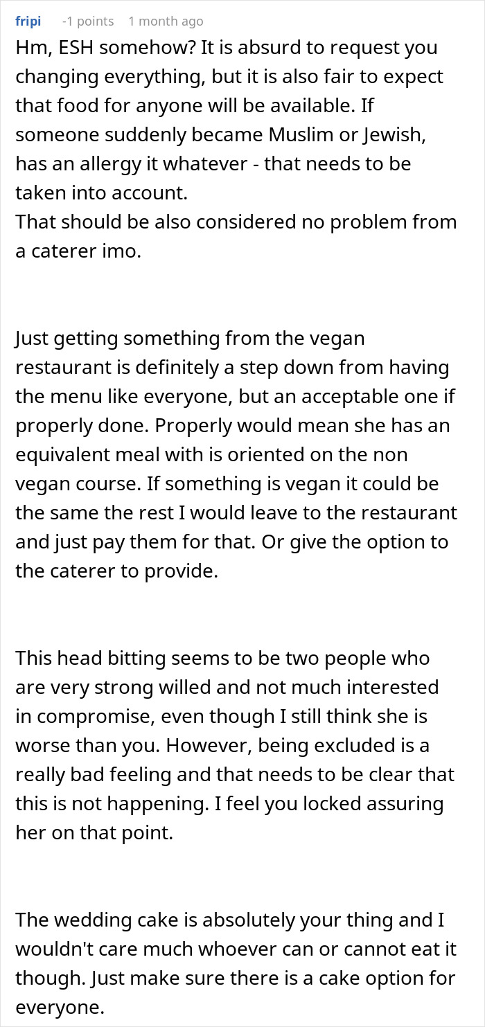 Text of a discussion on vegan wedding menu changes and catering issues.