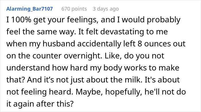 Comment discussing the feelings and frustrations of a wife about breast milk mishap.