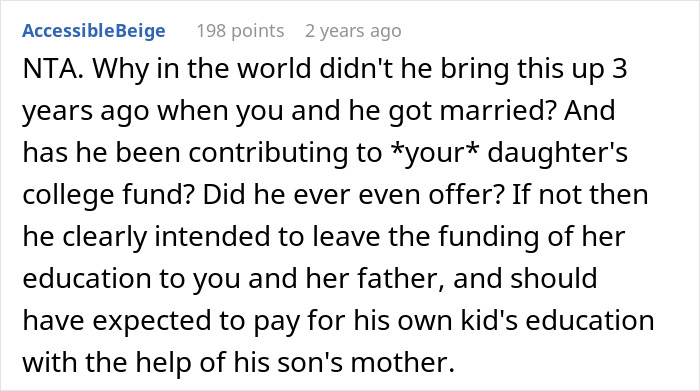 Comment discussing refusal to split daughter's college fund due to lack of love for stepson.