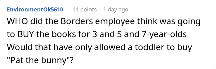 Reddit user's comment questioning a bookstore clerk's age policy in the children's section.