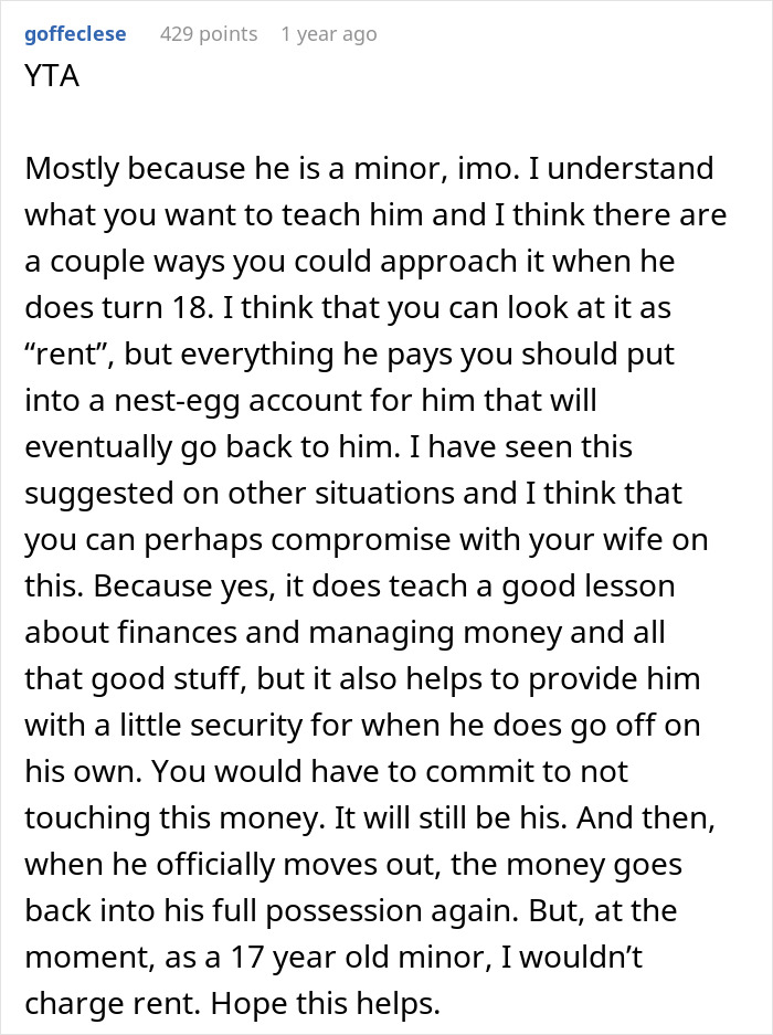 Comment discussing charging a minor rent, suggesting setting up a nest-egg account for financial lessons.