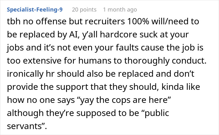 Comment discussing AI's potential to replace IT recruiters and HR. Comment discussing AI's potential to replace IT recruiters and HR.