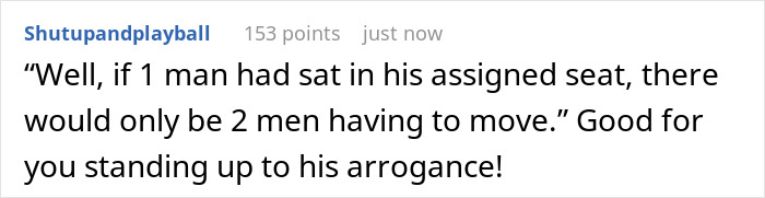 Text commentary on seating arrangement dispute, highlighting a response to arrogance.