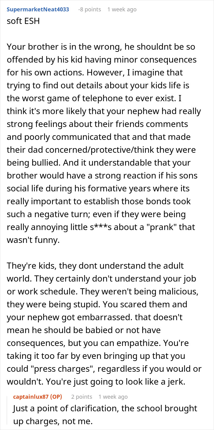 Reddit comment discussing family dynamics in disciplining children, touching on empathy and consequences.