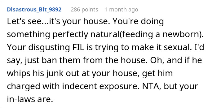 Comment discussing breastfeeding and father-in-law's reaction. Comment discussing breastfeeding and father-in-law's reaction.