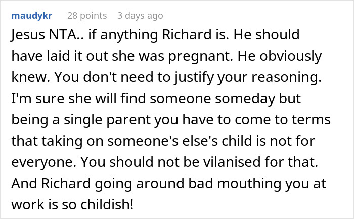 Reddit comment discussing refusal to date a pregnant woman and issues with Richard's actions.