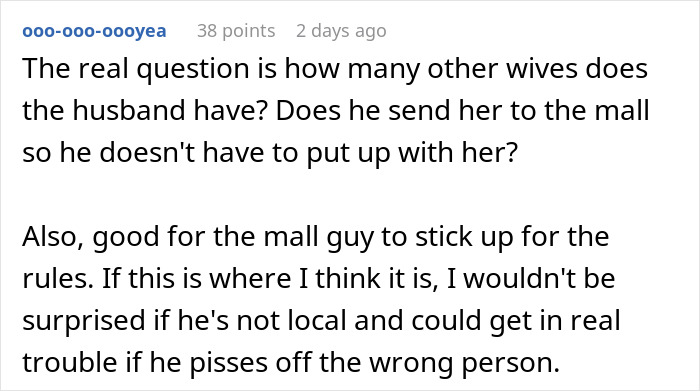 Comment discussing a woman trying to enter a mall early and the guard's enforcement of rules. Comment discussing a woman trying to enter a mall early and the guard's enforcement of rules.