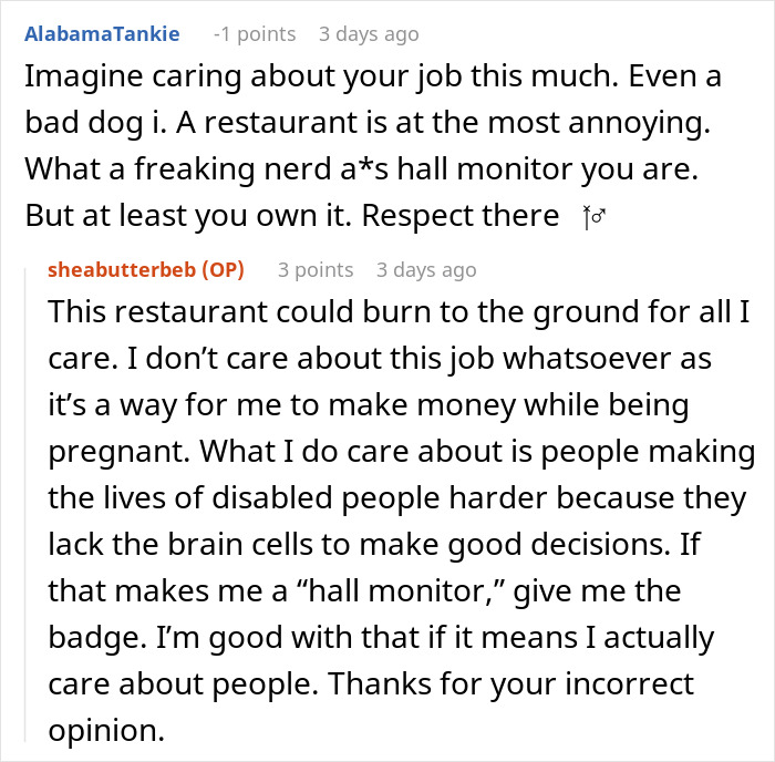 Comments discussing fake service dogs and defending rights at a restaurant.