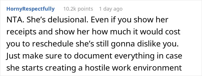 Text exchange about a coworker refusing to cancel a non-refundable vacation and dealing with a difficult work environment. Text exchange about a coworker refusing to cancel a non-refundable vacation and dealing with a difficult work environment.