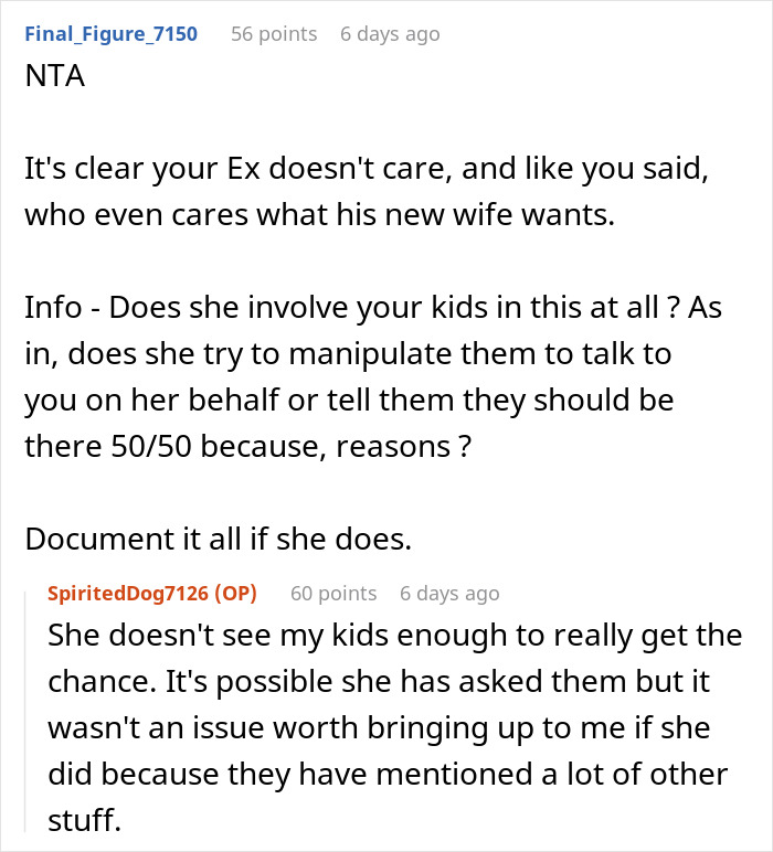 Text exchange discussing stepmom's involvement in husband's kids' lives, highlighting drama with the biological mother.
