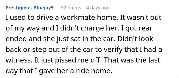 Reddit comment about ending free work rides after a passenger didn't assist during a rear-end incident.