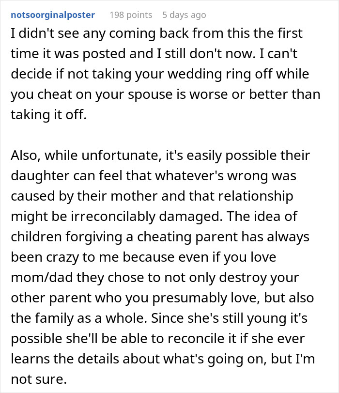 Reddit comment discussing impact of infidelity on family relationships.