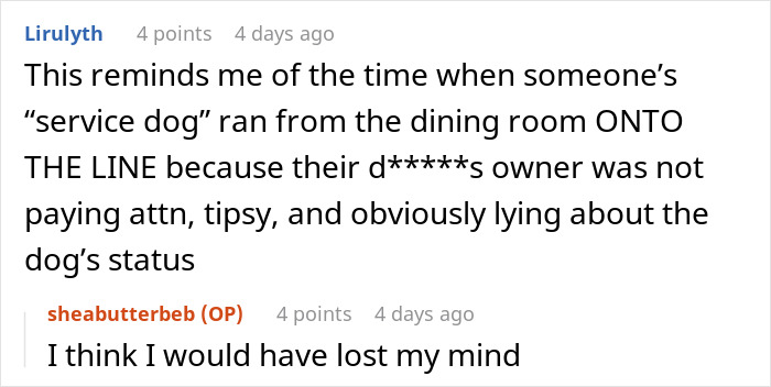 Text exchange about fake service dog causing chaos in a dining area.