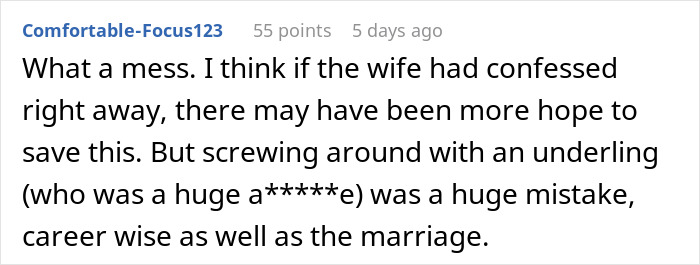 Online comment discussing a husband, wife, and work retreat incident.