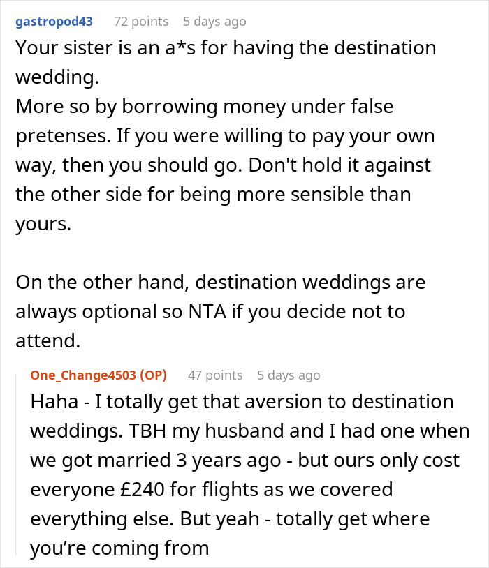 Reddit thread discussing destination weddings and family payment expectations.