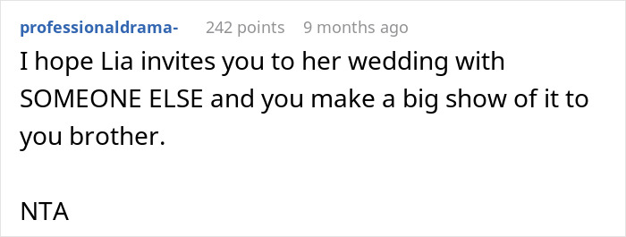 Comment on a wedding invite expressing frustration over a brother's unexpected guest choice.