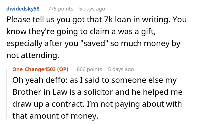 A Reddit exchange discussing a $7k loan for a wedding expense involving a bride's expectations.