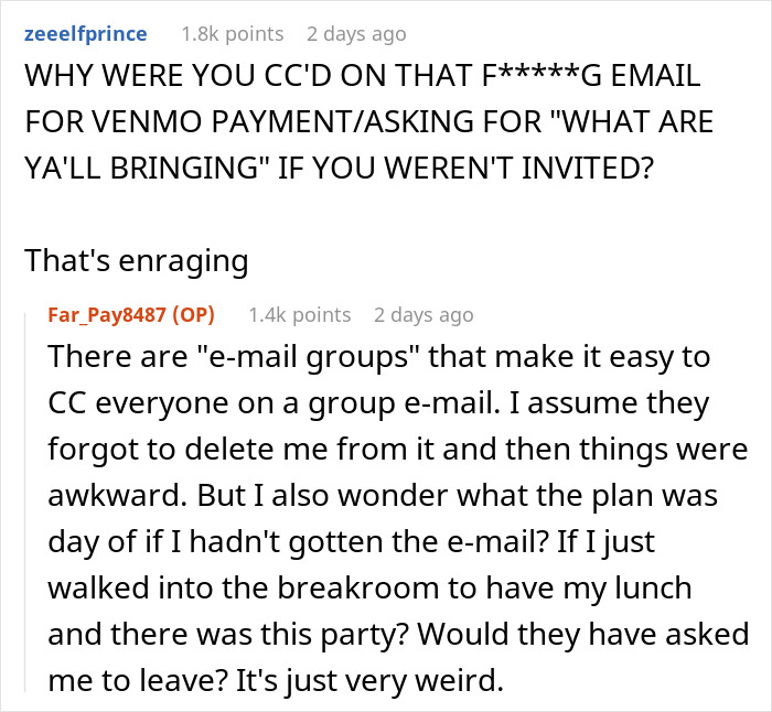 Text exchange about office party exclusion, discussing emails and awkward situations in workplace dynamics.
