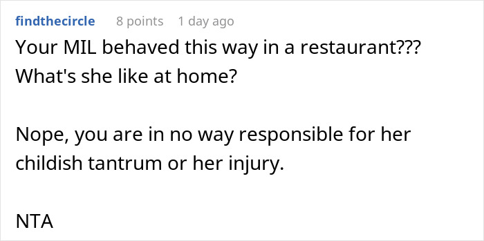 Reddit comment questioning MIL's behavior and assigning no blame to man for her injury. Reddit comment questioning MIL's behavior and assigning no blame to man for her injury.