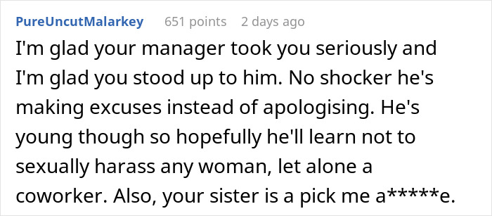 Reddit comment about a teen creeping out a coworker by using her photo in an online trend, discussing workplace harassment.