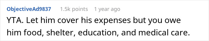 Comment discussing charging son rent, highlighting the debate over financial responsibility for a 17-year-old earning money.