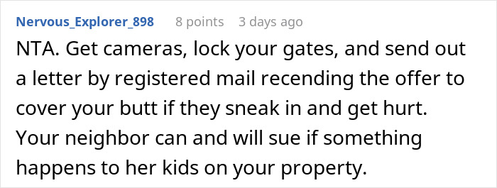 Online comment giving advice on handling uninvited neighbor kids at a house with a pool.