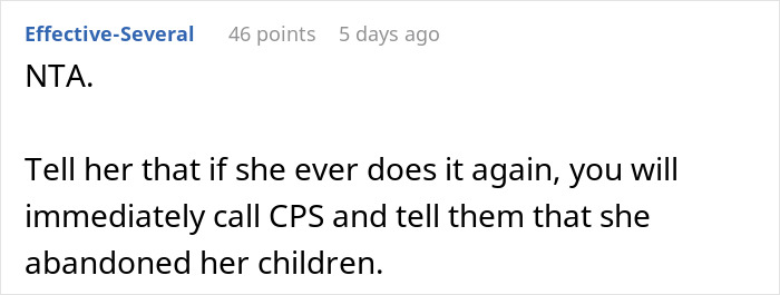 Text comment about woman dropping off kids without permission, suggesting contacting CPS if repeated.