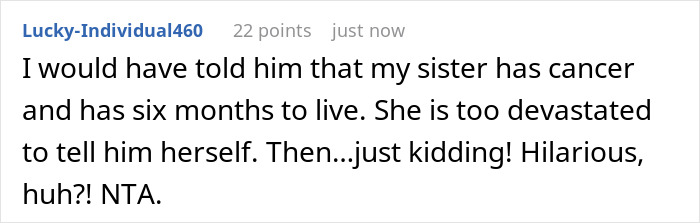 Screenshot of a humorous comment about a failed fake public proposal prank involving a sibling.