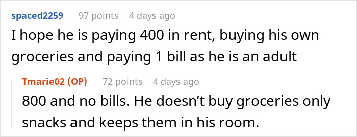 Reddit comments about stepdaughter's rules for man living with her; details on rent and grocery habits. Reddit comments about stepdaughter's rules for man living with her; details on rent and grocery habits.