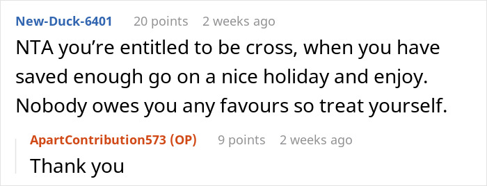 Text exchange about not being invited on a family holiday with responses encouraging self-care.