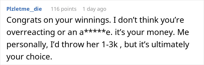 Comment on sibling's demand for 20K despite childhood theft history.