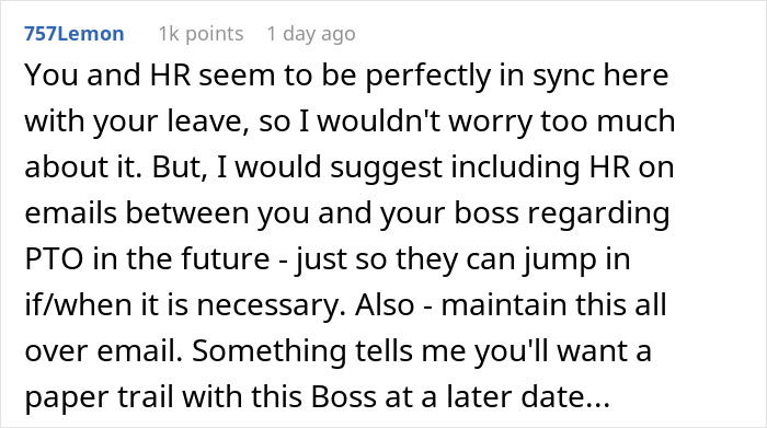 Text discussing HR involvement in European employee's PTO request with American boss.